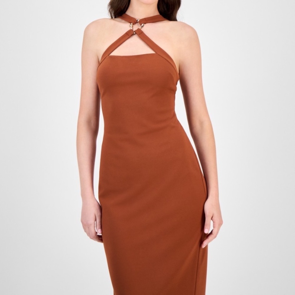 Rachel Roy Sheath Dress Womens Small NWT Rust Halter Midi Ring Detail MSRP $129